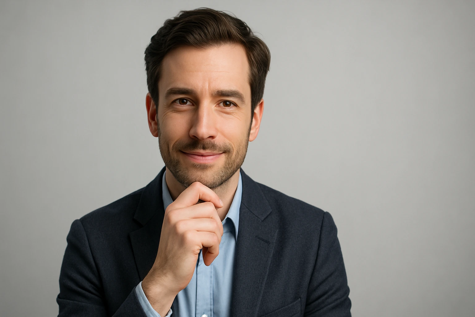Thoughtful hand-on-chin professional pose